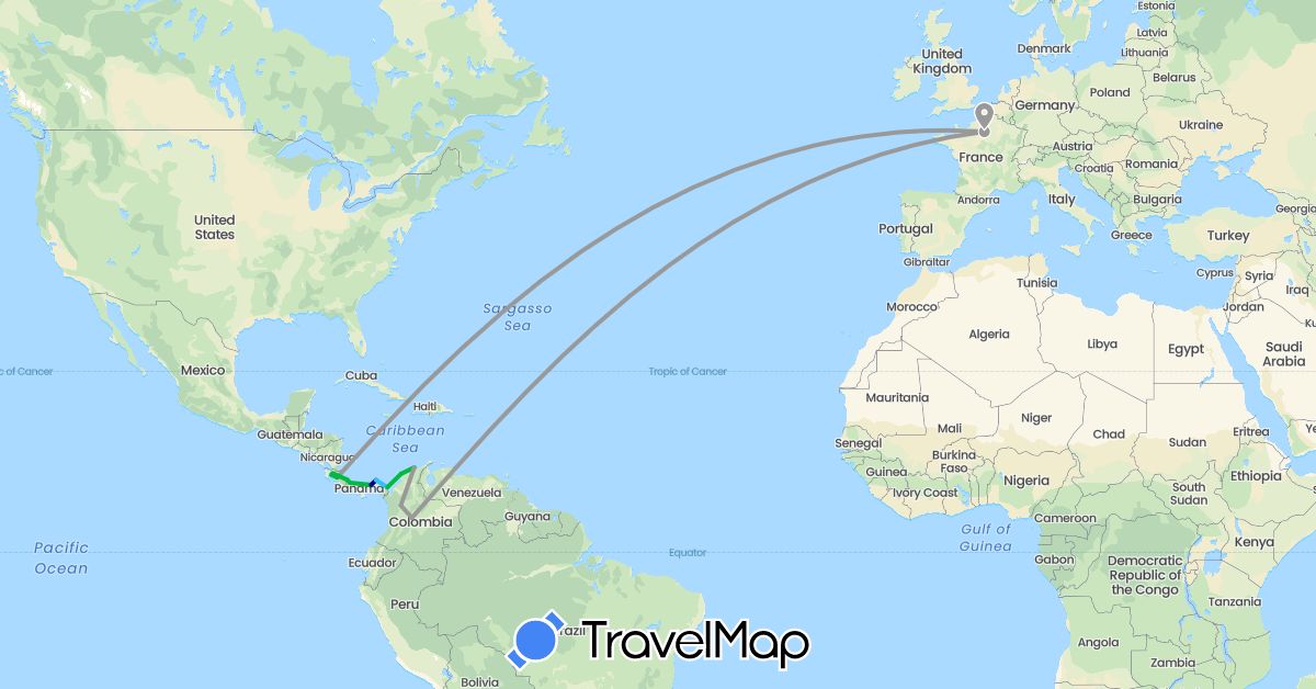 TravelMap itinerary: driving, bus, plane, boat in Colombia, Costa Rica, France, Panama (Europe, North America, South America)